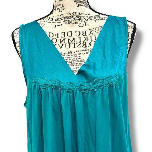 Vintage Vanity Fair Size L Teal Green Sleeveless Nylon Satin Trim Nightgown USA - Picture 2 of 5
